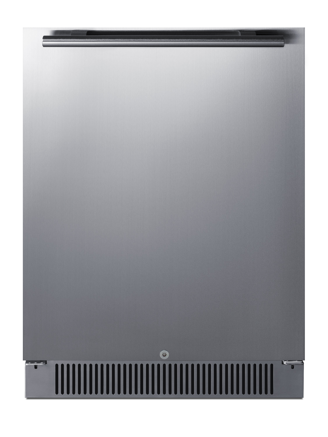 Outdoor all-refrigerator with stainless steel door, black cabinet, white interior digital thermostat, LED lighting, door storage, and lock